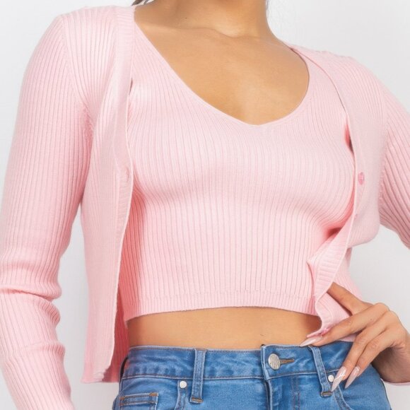 Ladies Pink 2pc Cardigan Sweater & crop tank set size Large New - Picture 3 of 4
